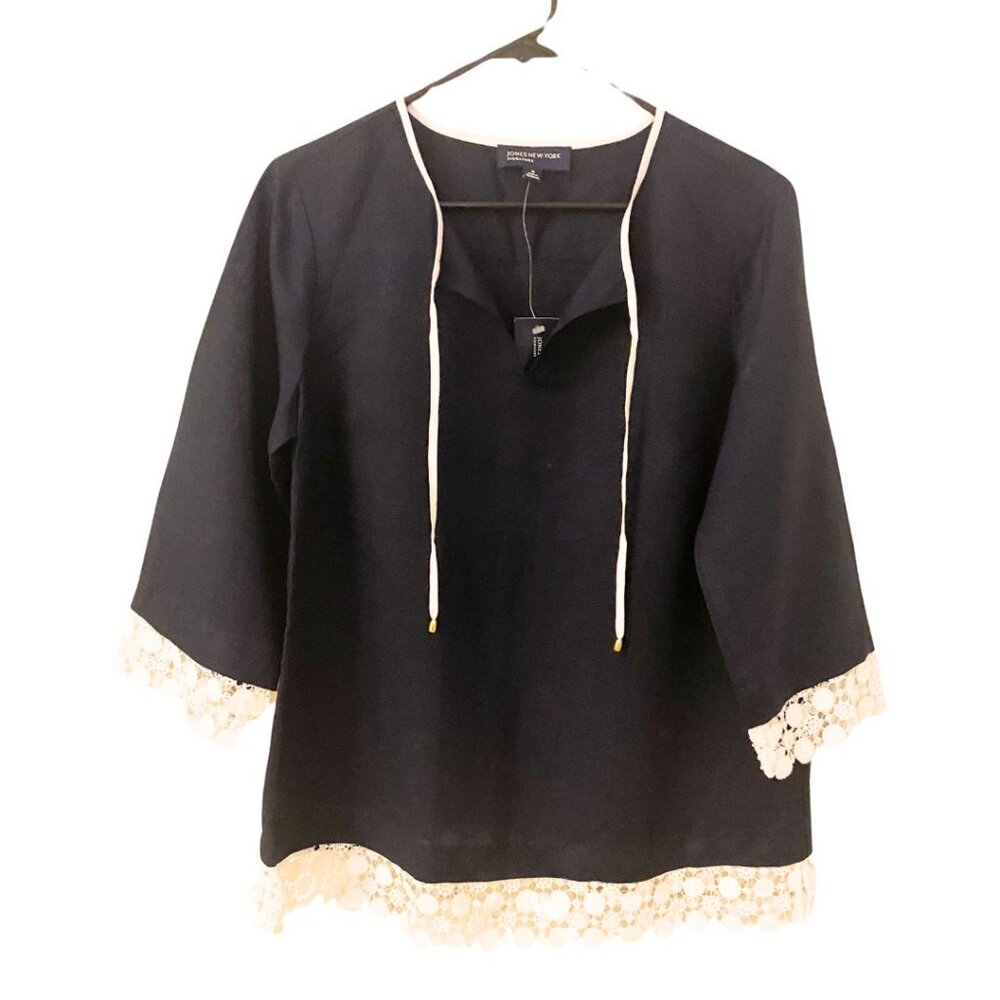 Jones of New York Women's Top Navy Blue with Lace New with Tags Medium